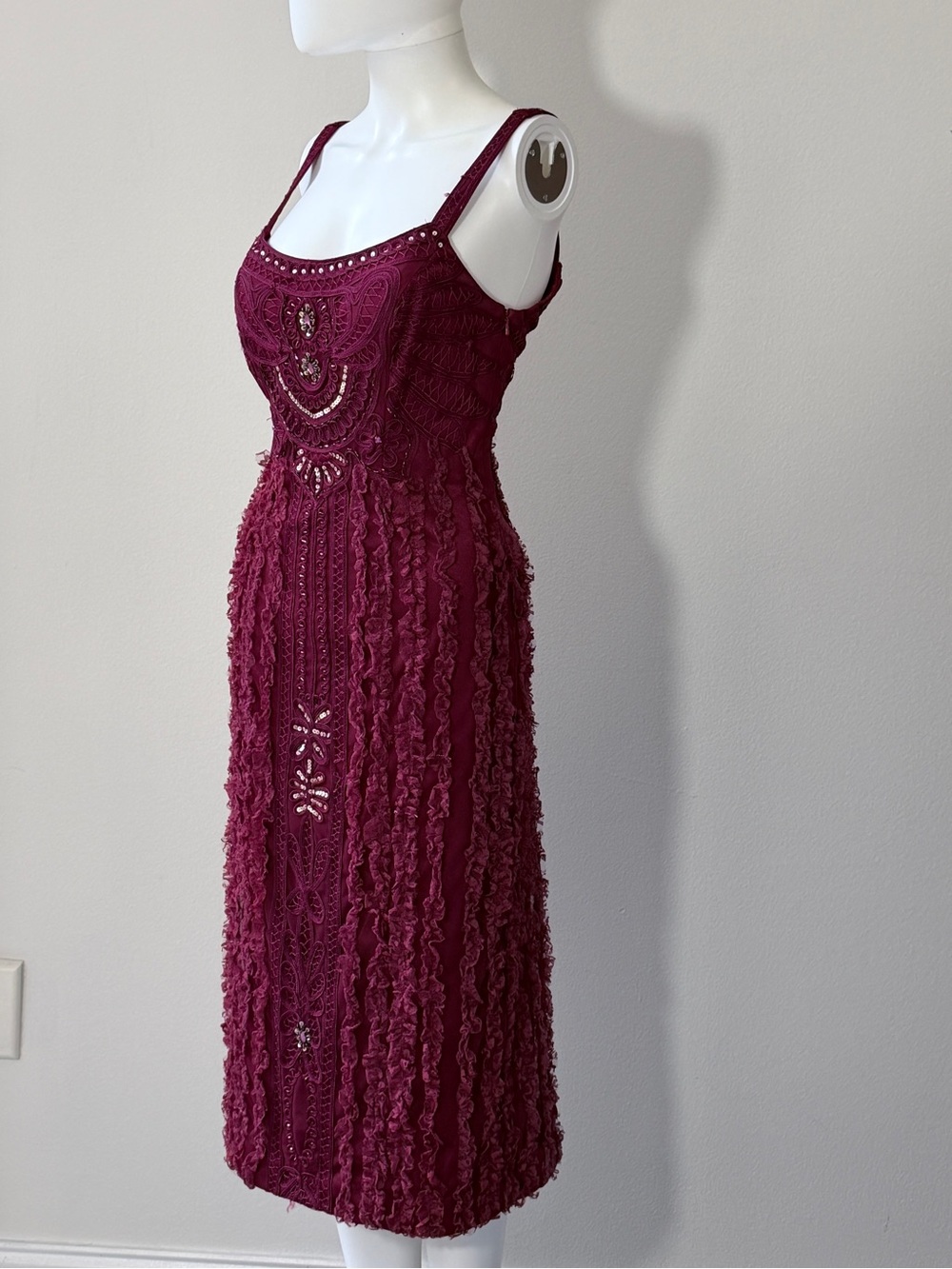 Sue Wong Burgundy Crochet & Beaded Midi Dress - Picture 11 of 15